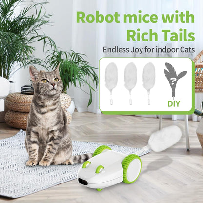 Automatic Cat Mouse Toys Interactive Cat Toys for Indoor Cats, Smart Sensing Moving Electric Cat Toys with Catnip Wand, USB Rechargeable Remote Control Squeaky Mouse Cat Toy, 3 Catnip Tails