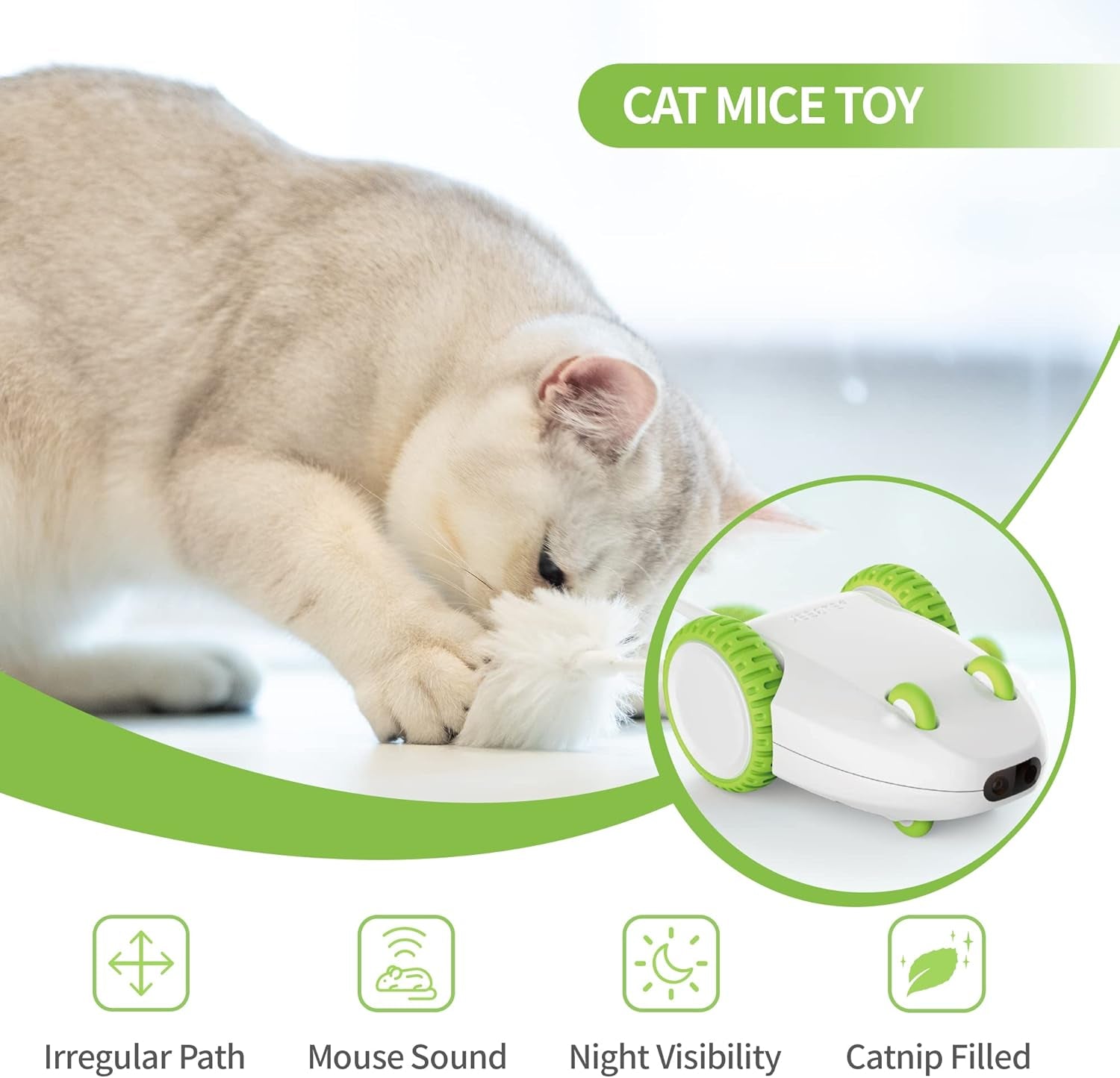 Automatic Cat Mouse Toys Interactive Cat Toys for Indoor Cats, Smart Sensing Moving Electric Cat Toys with Catnip Wand, USB Rechargeable Remote Control Squeaky Mouse Cat Toy, 3 Catnip Tails